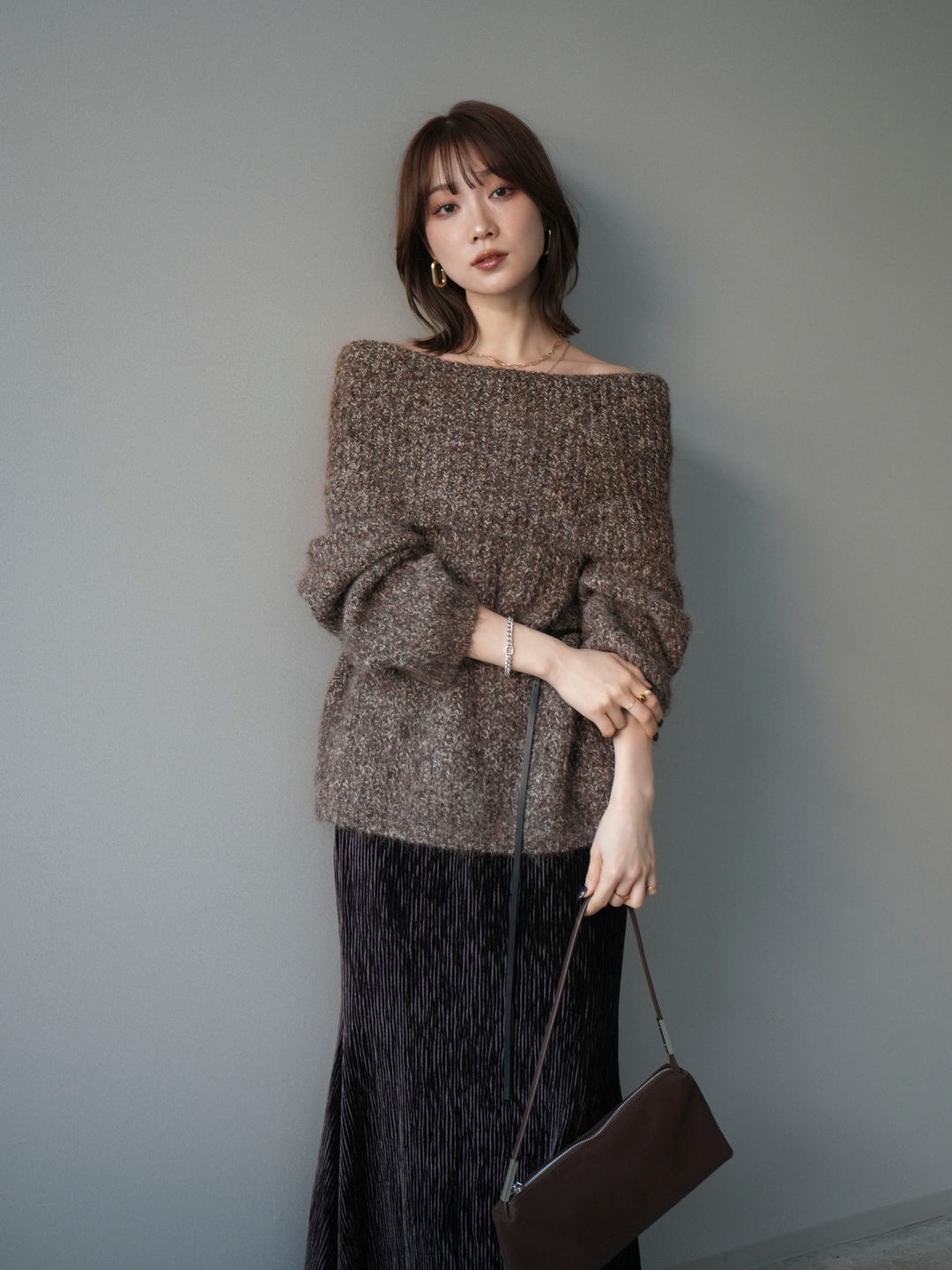 [予約]オフショルミックスニットプルオーバー/brown