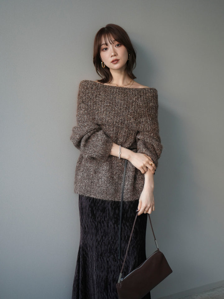 [予約]オフショルミックスニットプルオーバー/brown