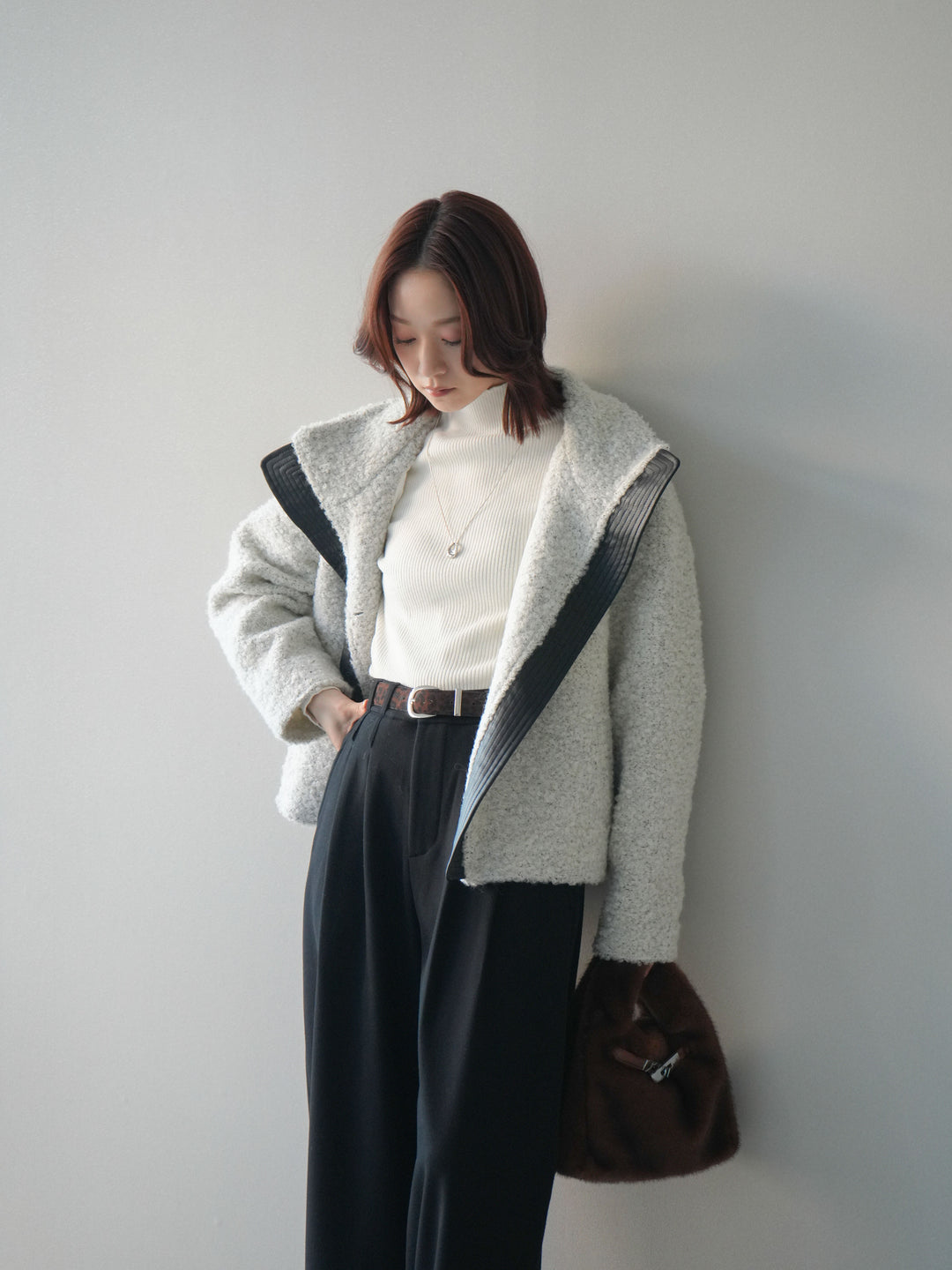 [SET]レザー切替ブークレブルゾン+袖ボタンボトルネックリブニットトップス+アニマル柄ベルト付きウールタッチワイドパンツ(3set)