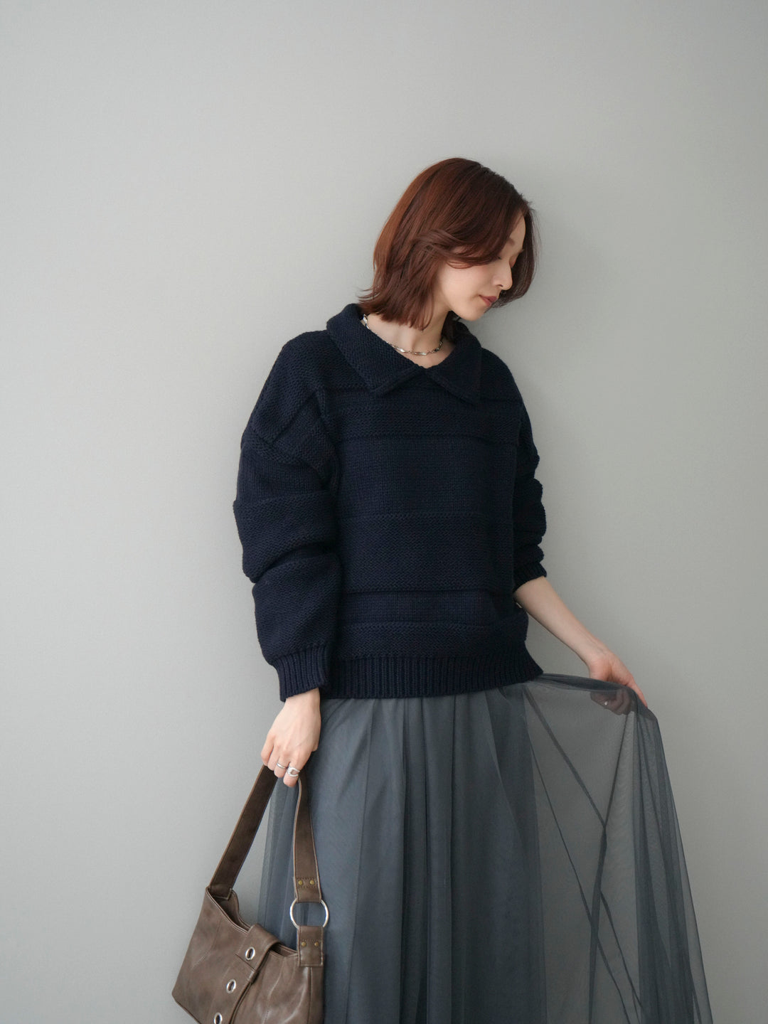 [SET]襟付きボーダー編みニットプルオーバー+チュールボリュームスカート(2set)