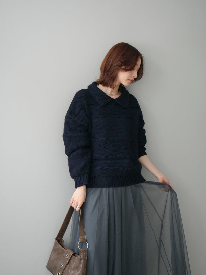 [SET]襟付きボーダー編みニットプルオーバー+チュールボリュームスカート(2set)