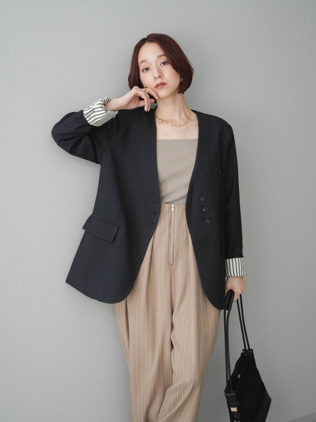 [SET]ノーカラージャケット+グログランテープストライプサロペット(2set)