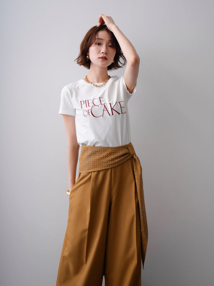 【套裝】刺繡Logo T卹+串珠腰帶束腰寬褲（兩件組）
