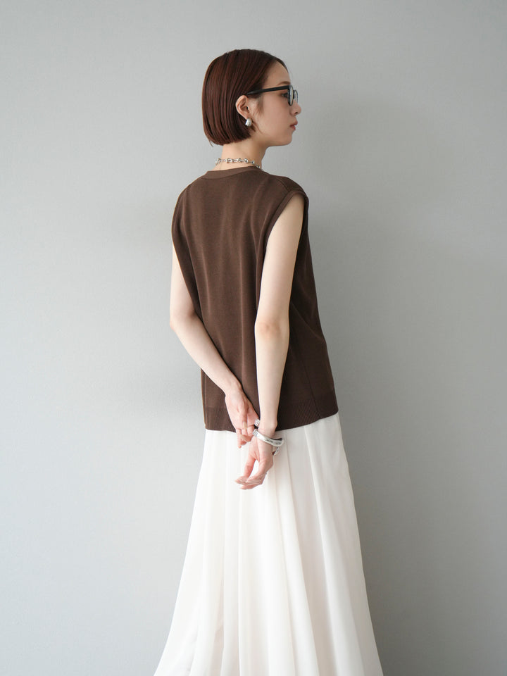 [SET] V領人造絲針織背心+雪紡喇叭裙（2件組）