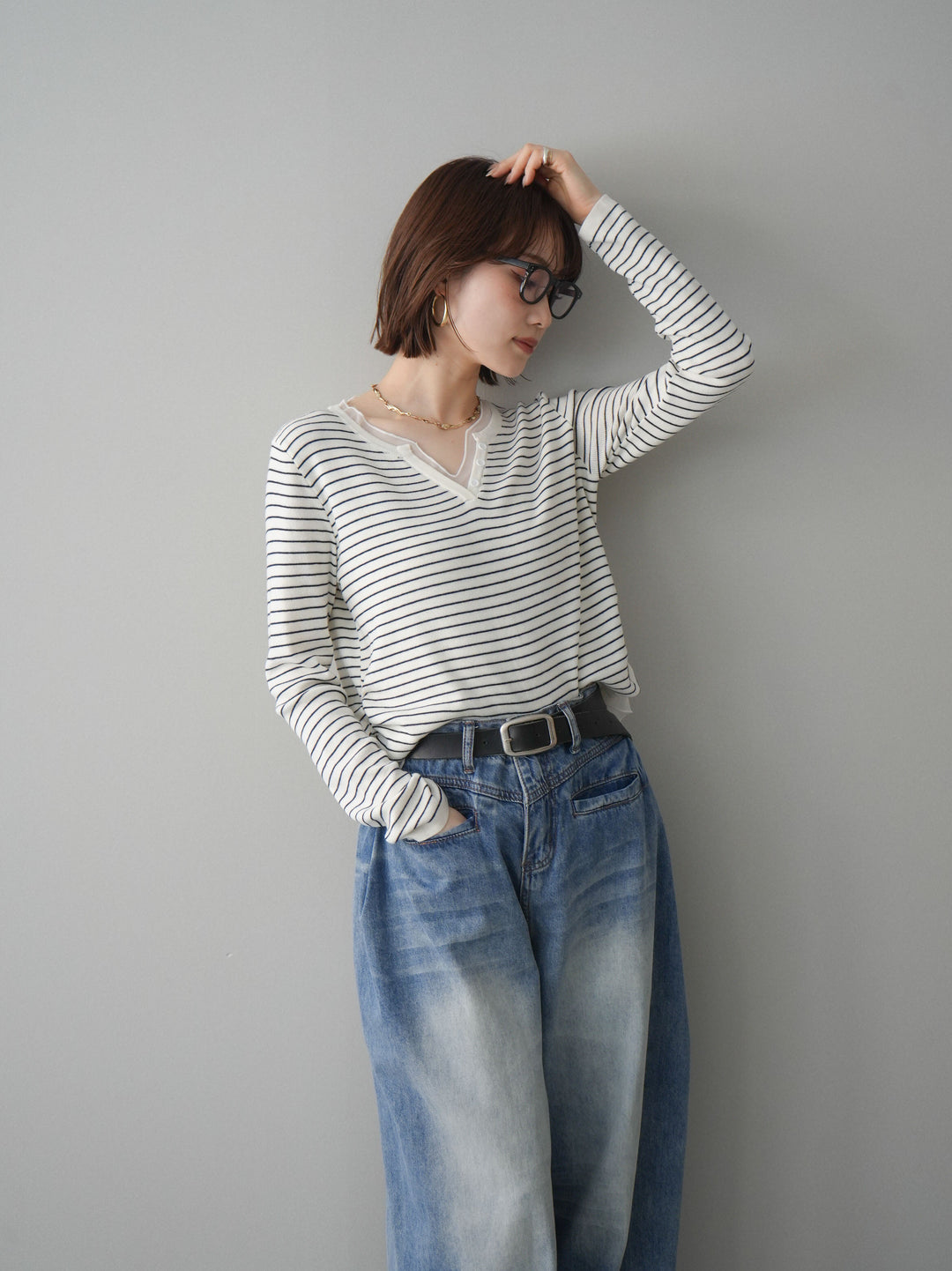 [SET]チュールレイヤードデザインボーダーニットトップス+選べるアクセセット(2set)