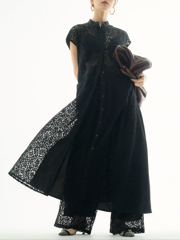 【Allure】[SET]レースサテン切替ワンピース+レースタックワイドパンツ(2set)