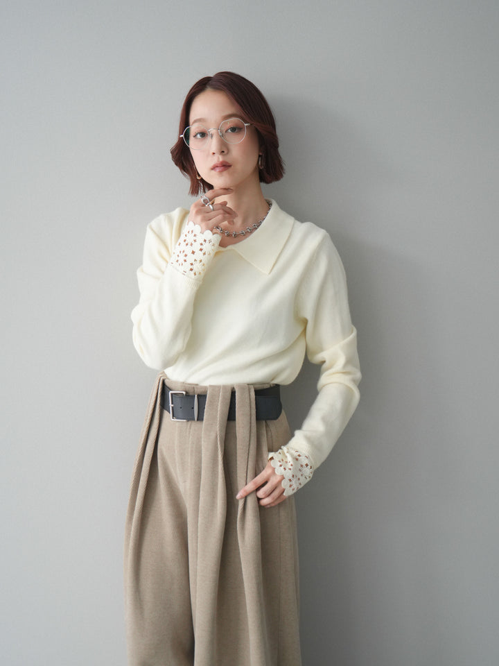 [SET]スカラップレース袖襟付きニットトップス+選べるアクセセット(2set)