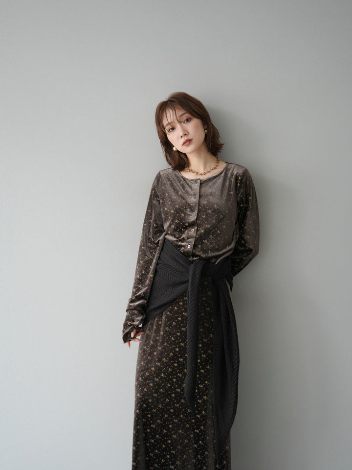 [SET]ベロアフラワープリントカーディガン+ベロアフラワープリントIラインスカート(2set)