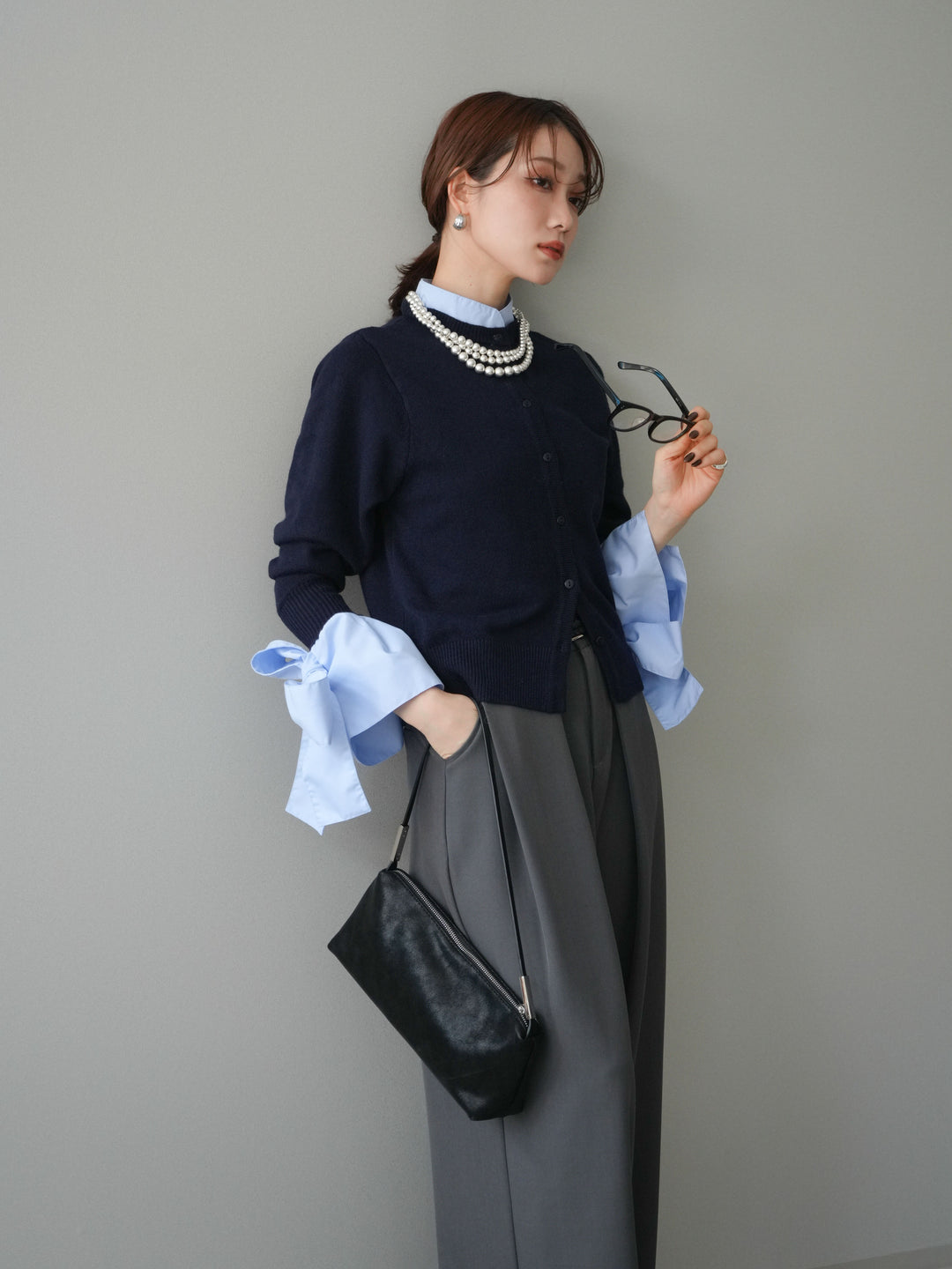 [予約]ウールライクリボンシャツカーディガン/navy