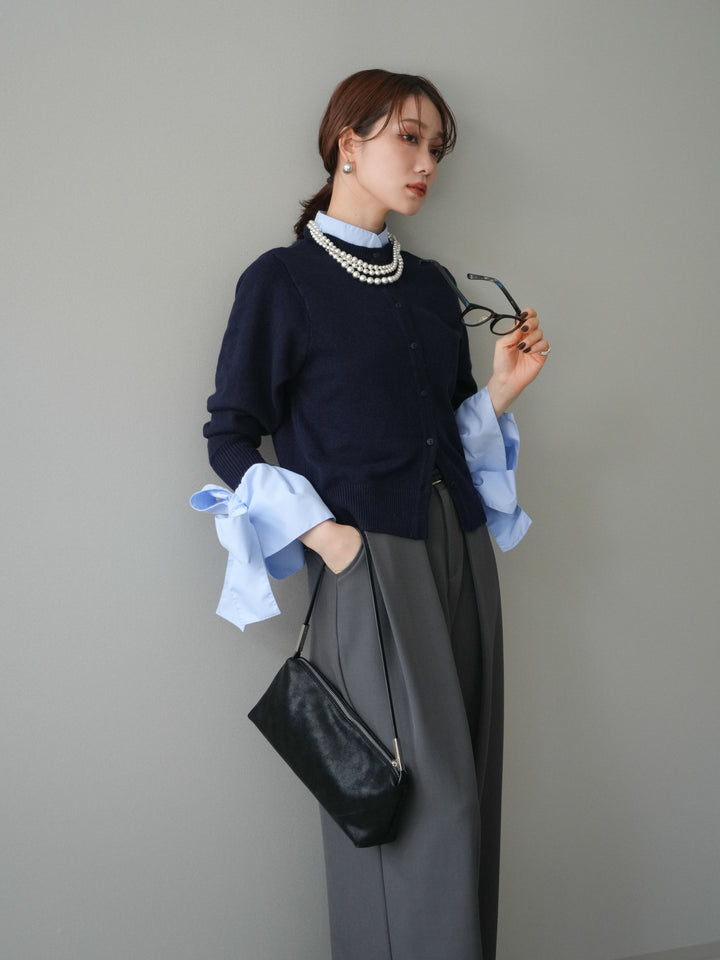 [予約]ウールライクリボンシャツカーディガン/navy
