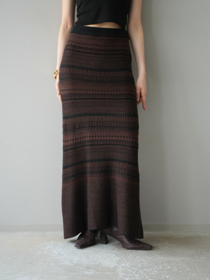 [予約]ガーター編みニットロングスカート/ブラウン×ブラック