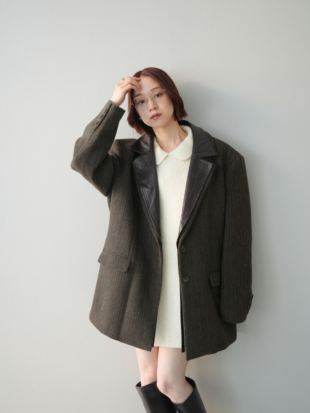 [SET]襟付きブークレミニワンピース+レイヤードデザインツイードテーラードジャケット(2set)