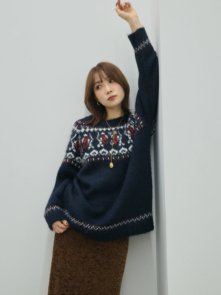 予約]ノルディック柄モックネックオーバニットプルオーバー/navy – Lumier