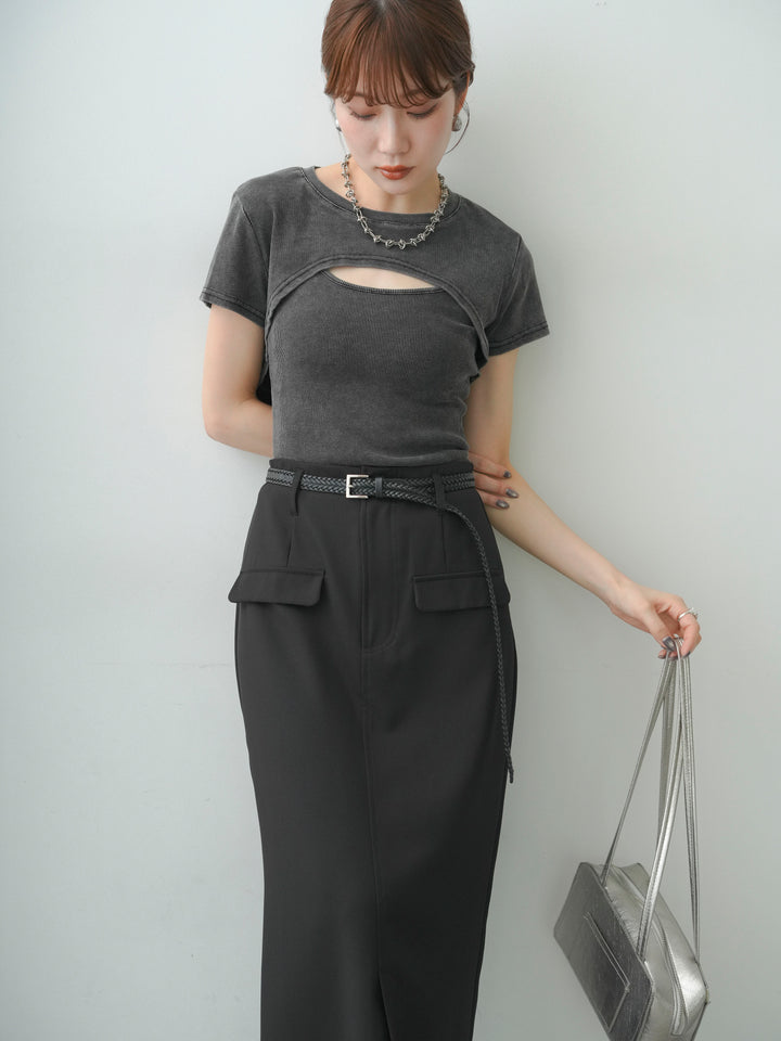 [SET]フロントオープンレイヤードトップスセット+クレープデシンフラップ付きストレートスカート(2set)