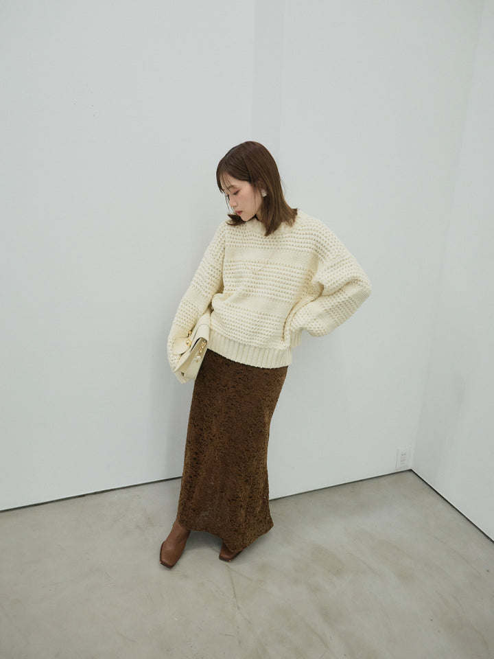 【Allure】[SET]ライン編みニットプルオーバー+起毛レースストレッチナロースカート(2set)