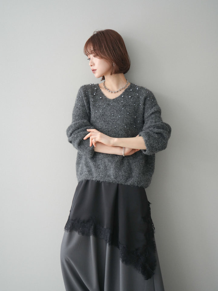 [予約]パール×ビジューVネックニットプルオーバー/gray