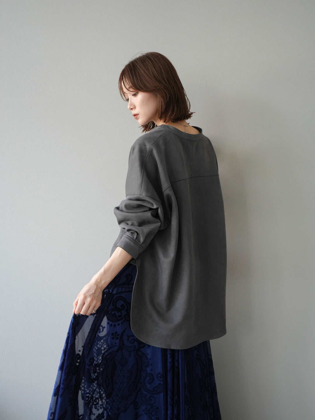 [予約]スエードバンドカラーオーバーシャツ/チャコール