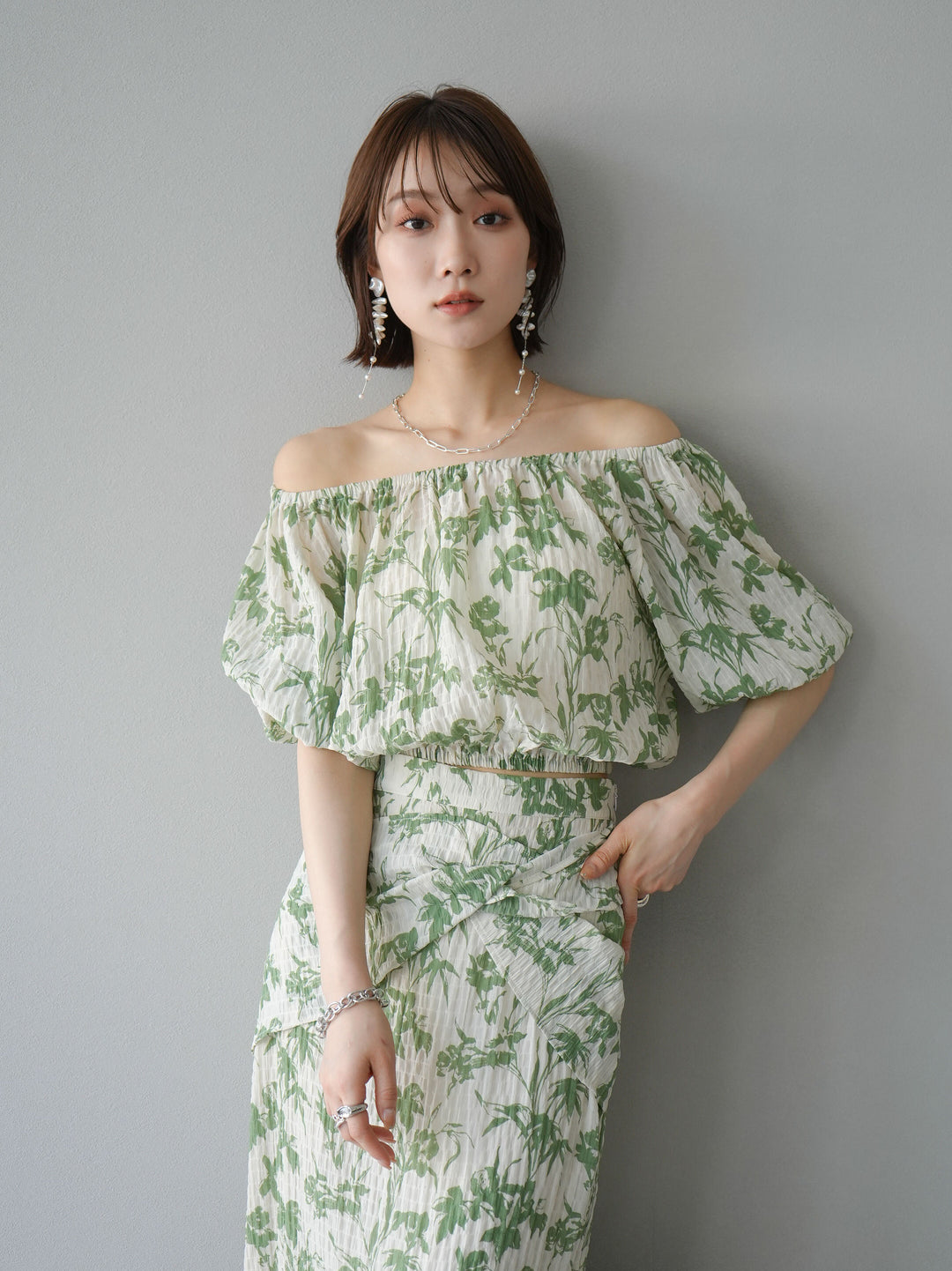 [Pre-order] Washer waist design flower pattern skirt/green