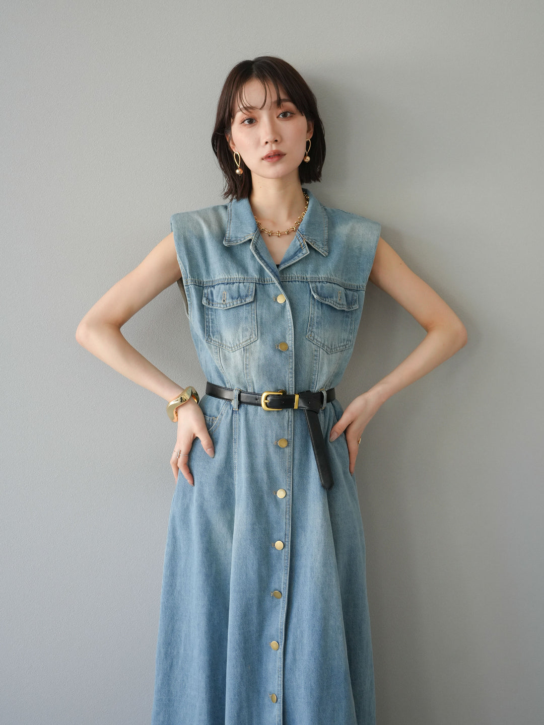 [予約]ベルト付デニムシャツデザインワンピース/ライトブルー