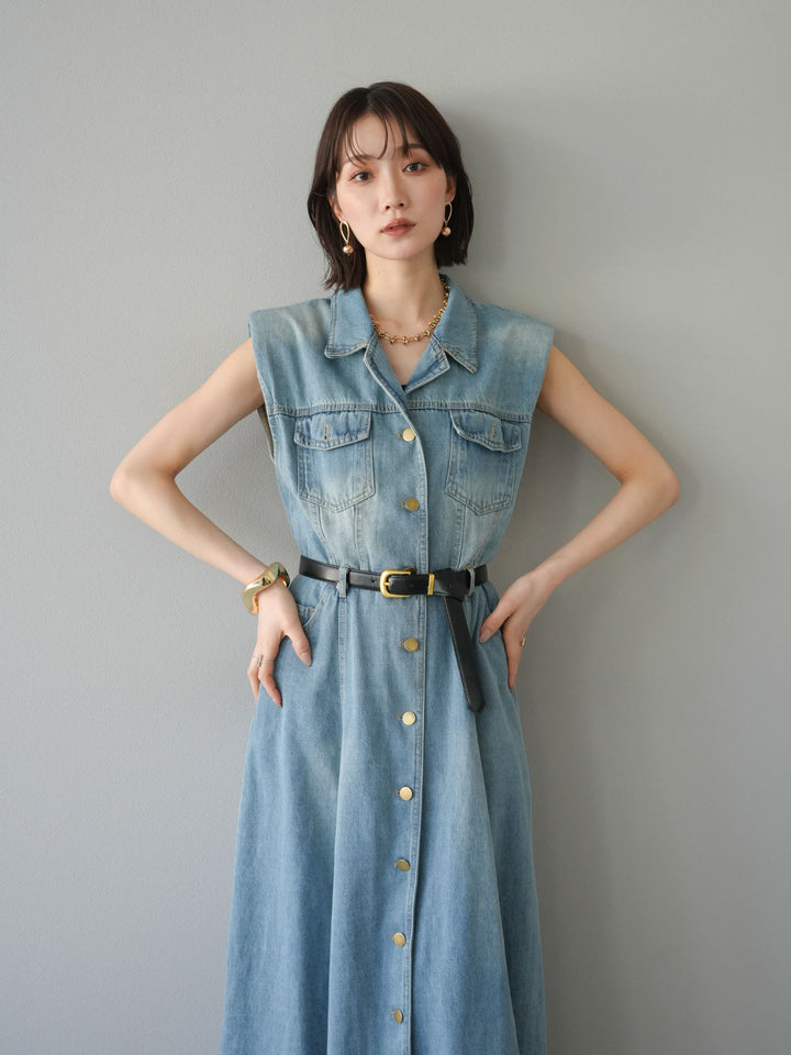 [予約]ベルト付デニムシャツデザインワンピース/ライトブルー