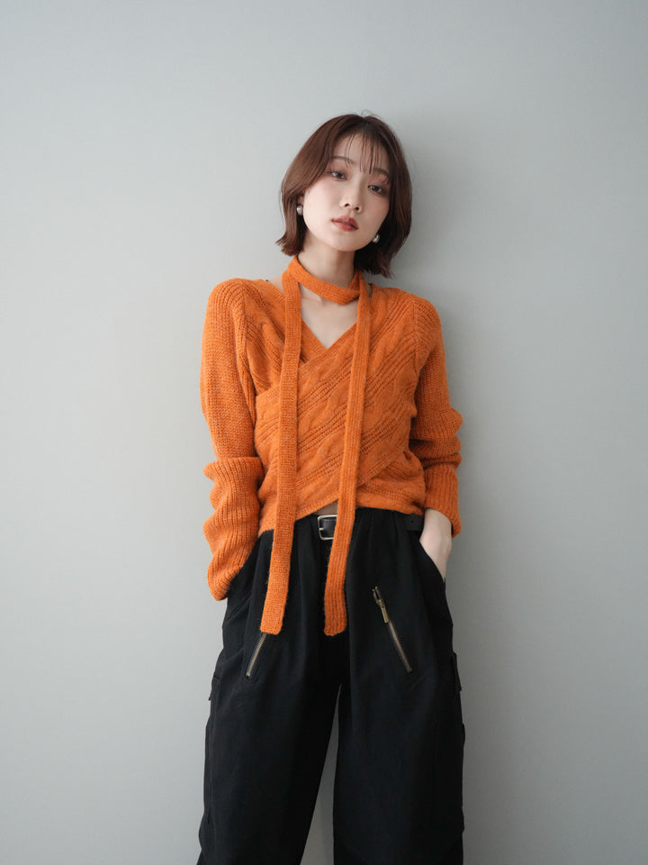 [予約]ケーブル編みクロスニットトップス/orange