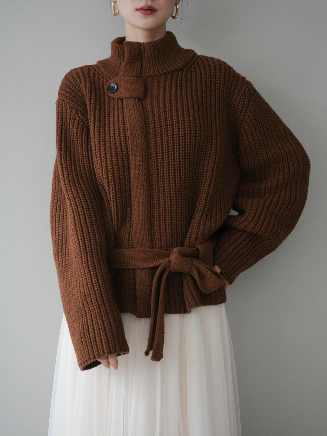 [予約]畦編みボトルネックZIPニットカーディガン/brown