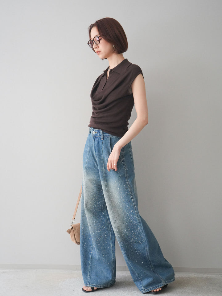 [SET]ノースリーブドレープニットトップス+フロントビジューカーブデニムパンツ(2set)