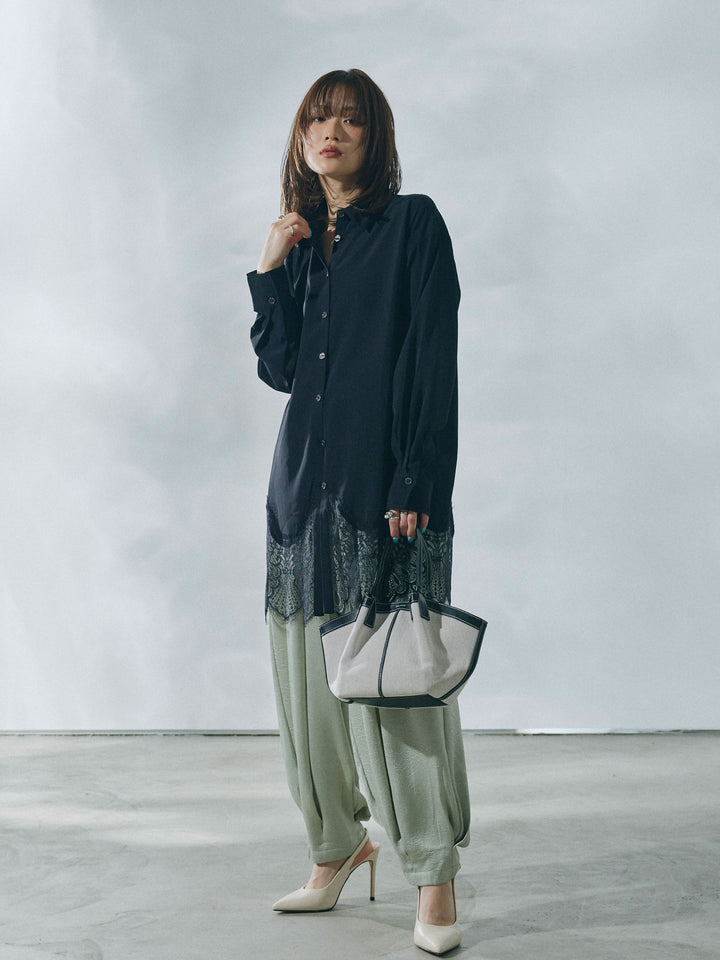 【Allure】[SET]裾レースポプリンシャツ+ワッシャーサテンタックジョガーパンツ(2set)