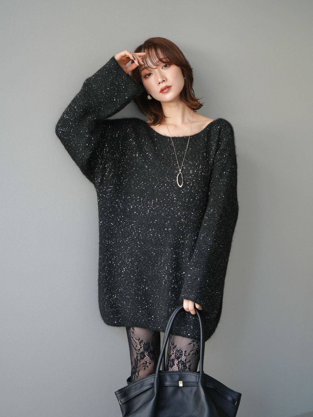 [予約]スパンコールミニシャギーニットチュニック/black