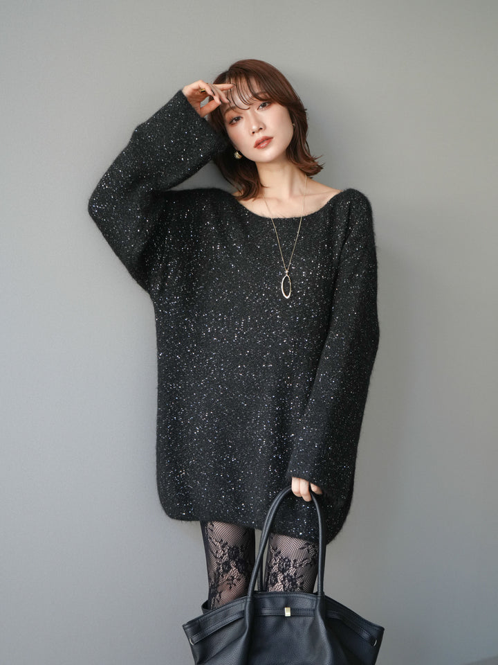 [予約]スパンコールミニシャギーニットチュニック/black