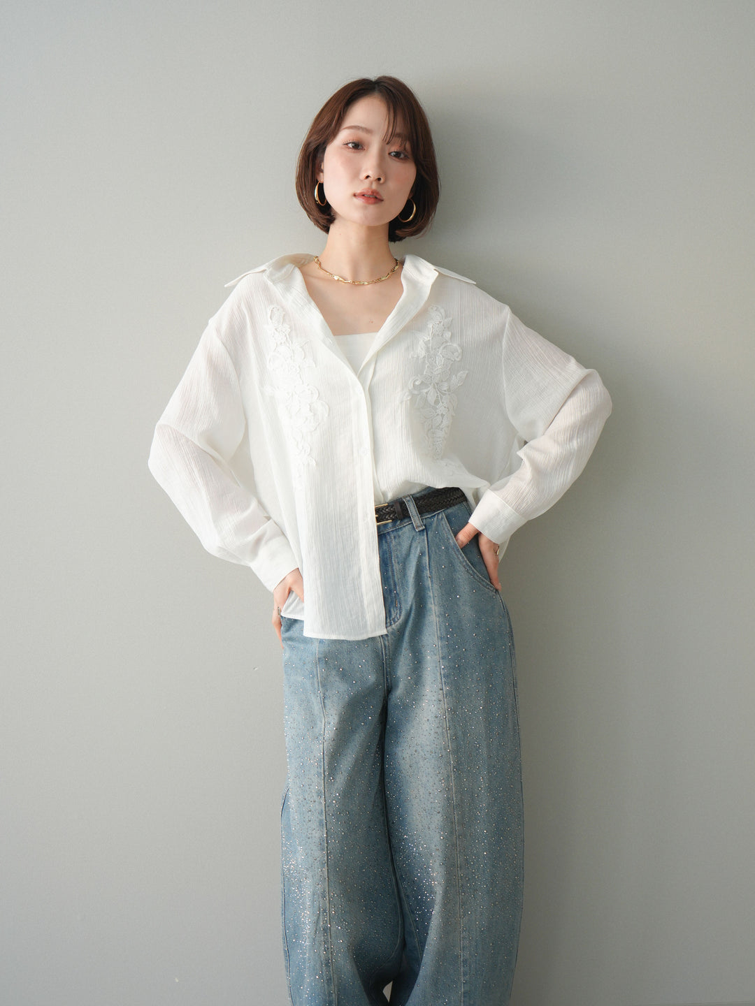 [SET]楊柳刺繍ブラウス+フロントビジューカーブデニムパンツ(2set)