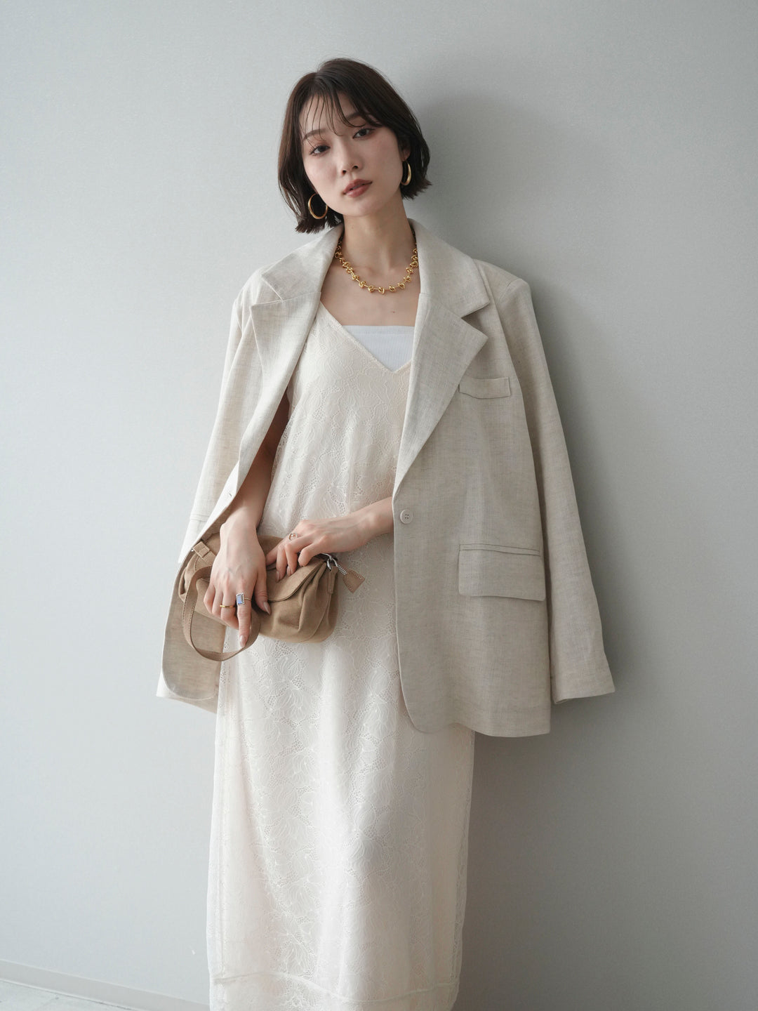 [SET]サテンレースレイヤードキャミワンピース+リネンタッチオーバージャケット(2set)