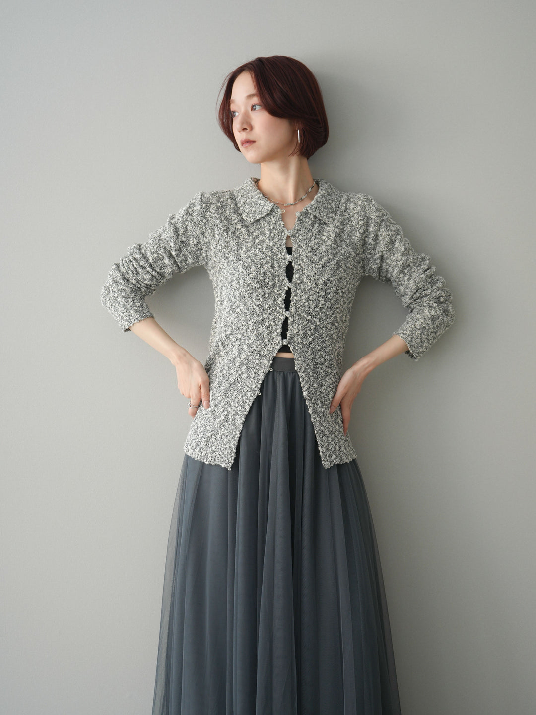 [予約]透かし編みブークレポロニットトップス/mix