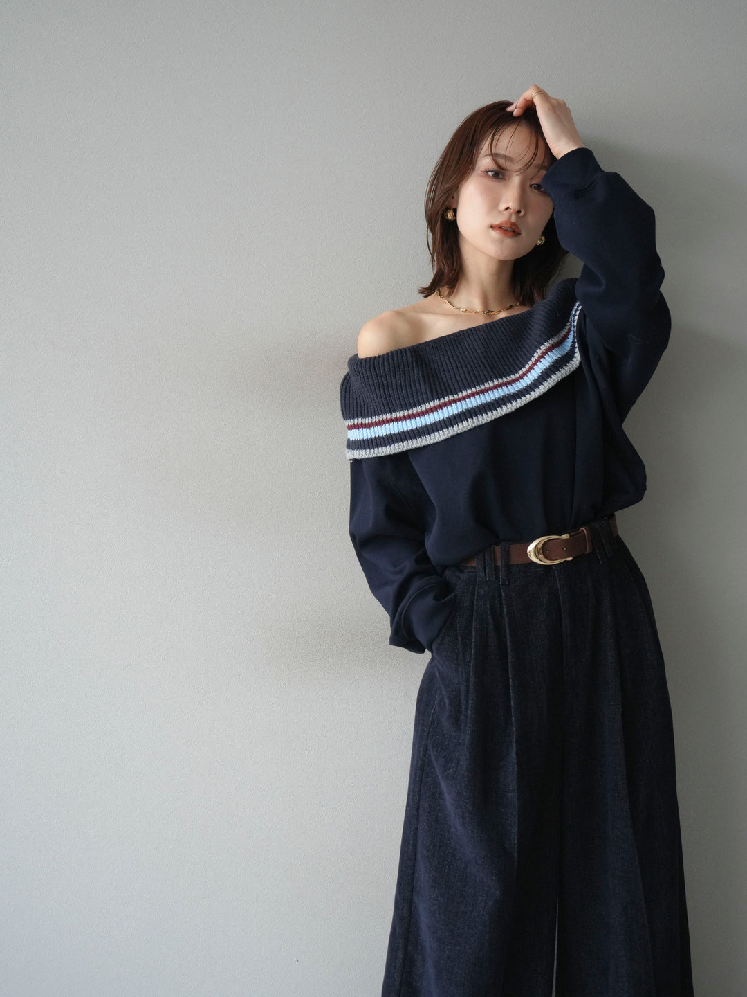 [予約]ボーダーニットオフショルダーxスウェットプルオーバー/navy