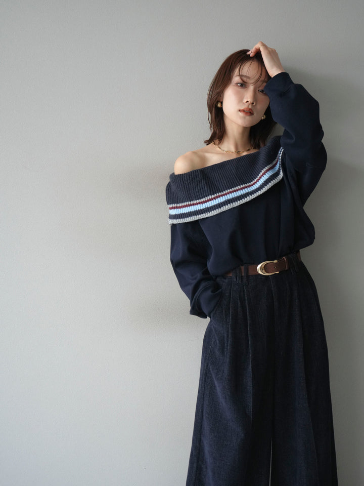 [予約]ボーダーニットオフショルダーxスウェットプルオーバー/navy