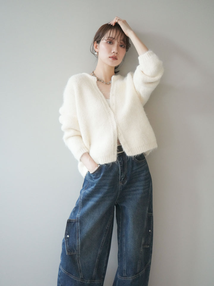 [SET]キーネックシャギーニットカーディガン+カーゴデザインコクーンデニムパンツ(2set)