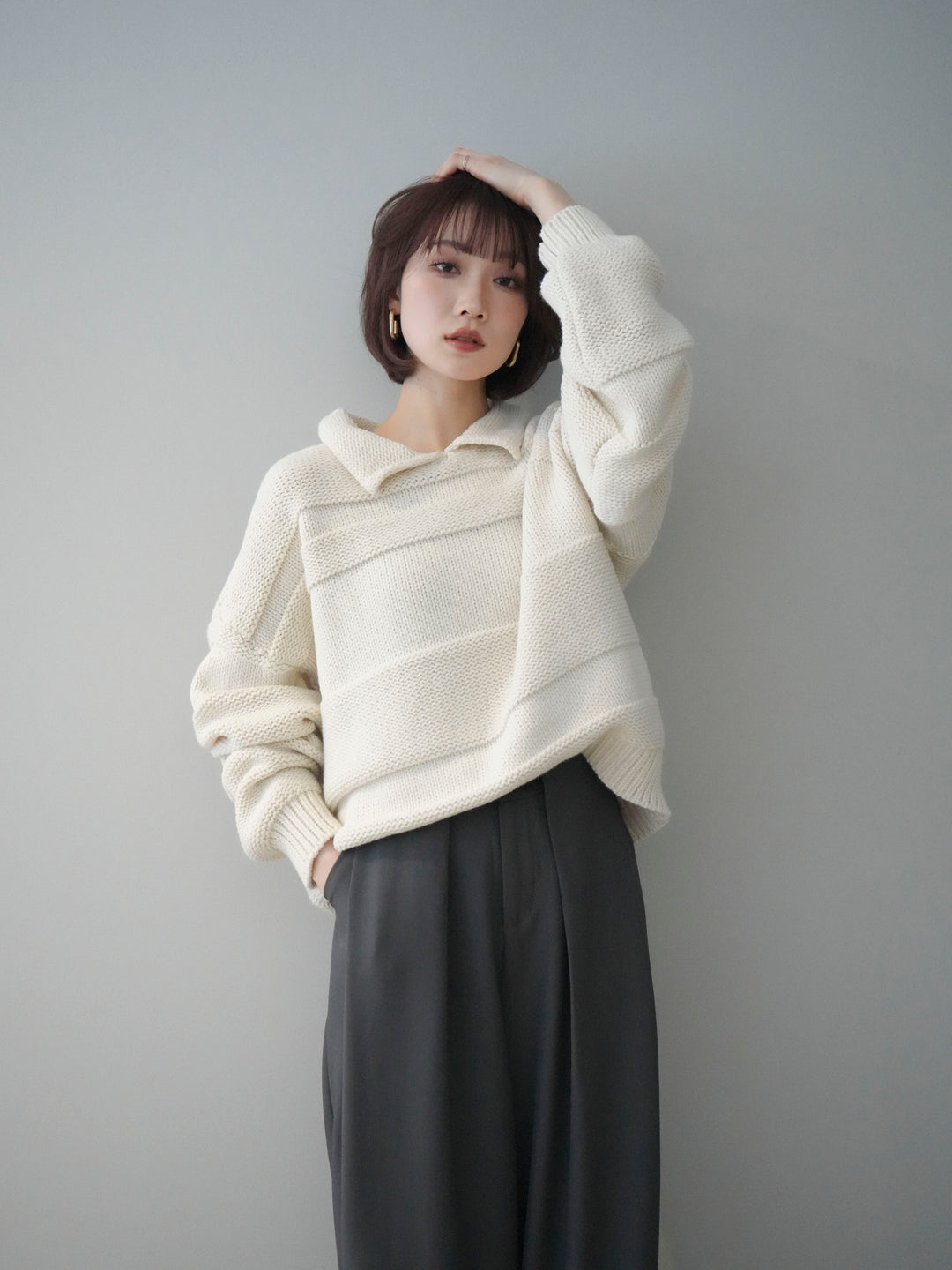 [SET]襟付きボーダー編みニットプルオーバー+ベルトループデザインワイドパンツ(2set)