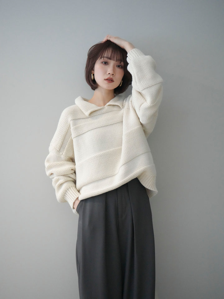 [SET]襟付きボーダー編みニットプルオーバー+ベルトループデザインワイドパンツ(2set)