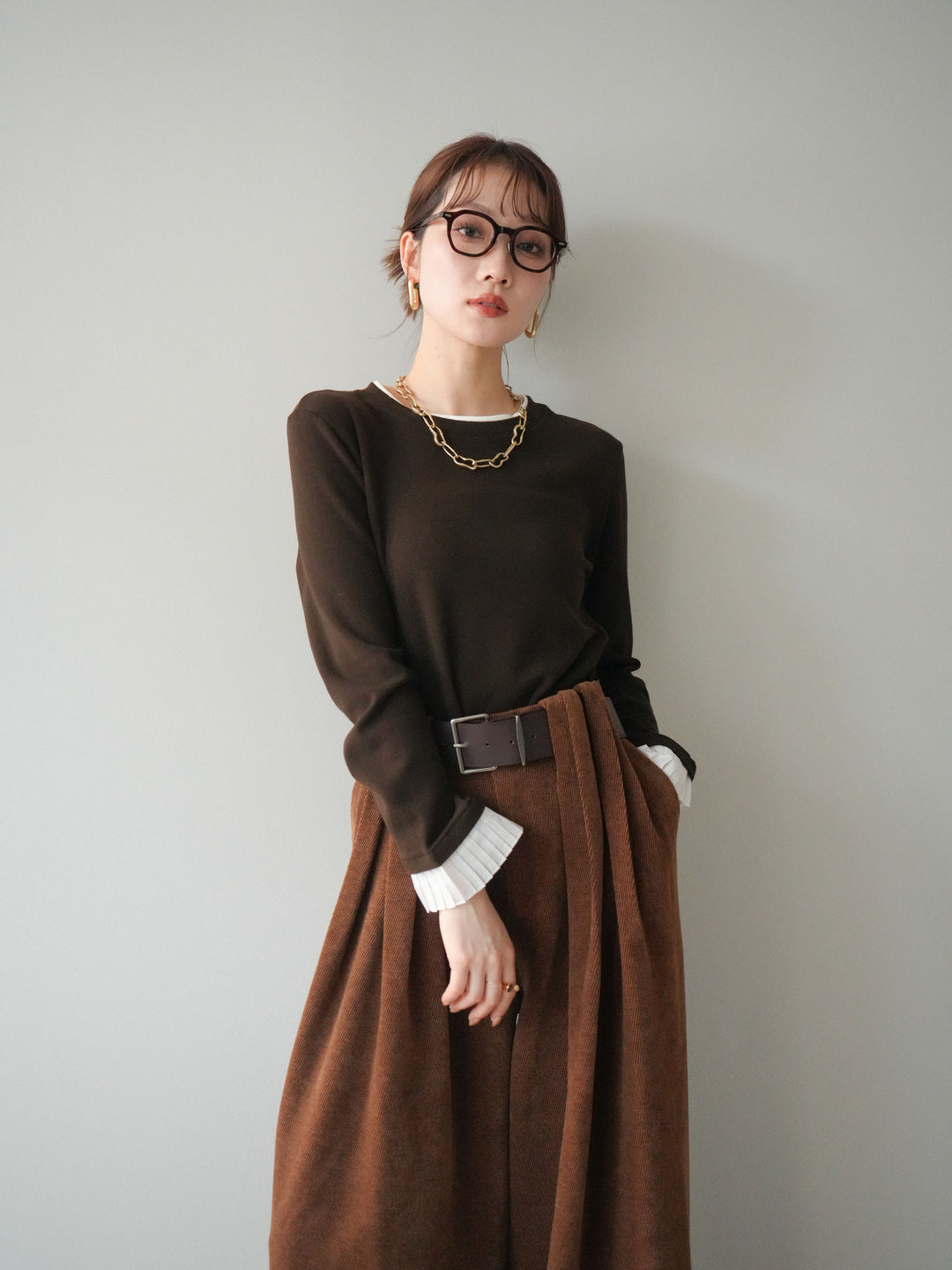 [予約]袖プリーツ配色レイヤードトップス/brown