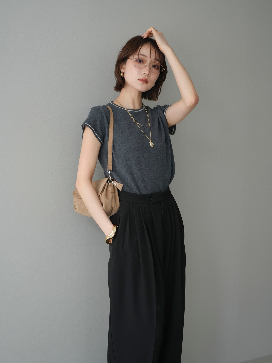 [SET]配色ハーフスリーブニットトップス+選べるアクセセット(2set)