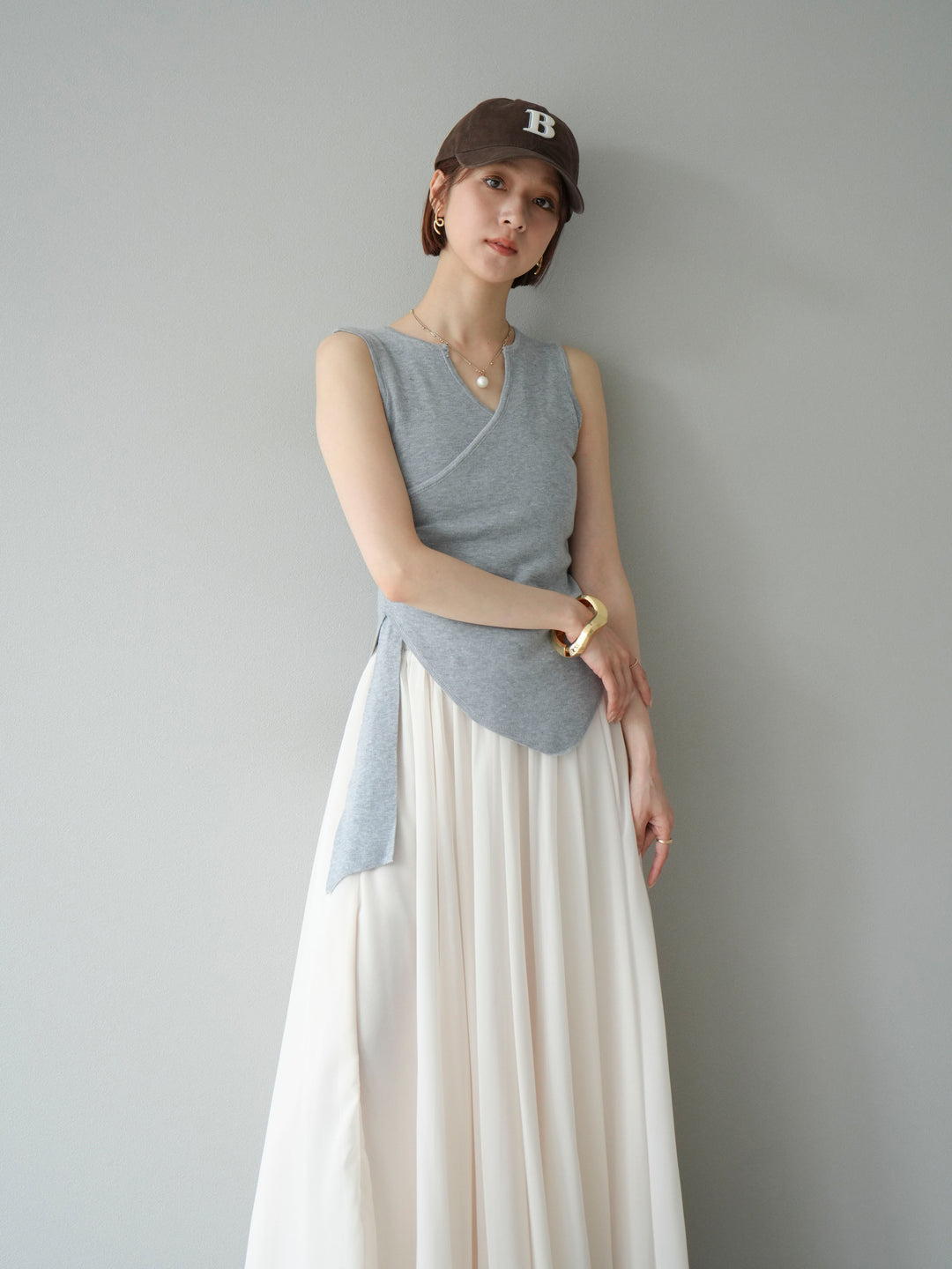 [SET]カシュクールノースリーブニットトップス+シフォンフレアスカート(2set)