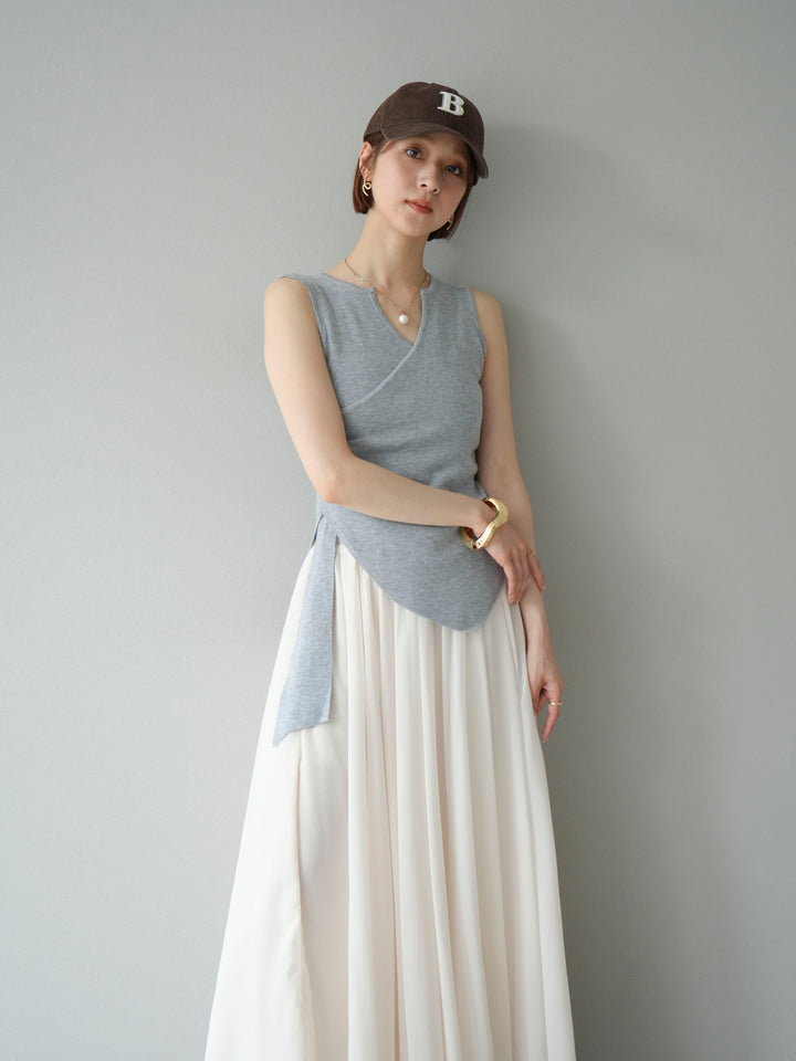 [SET]カシュクールノースリーブニットトップス+シフォンフレアスカート(2set)