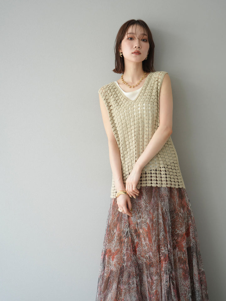 [予約]レースアップクロシェ編みニットベスト/ベージュ