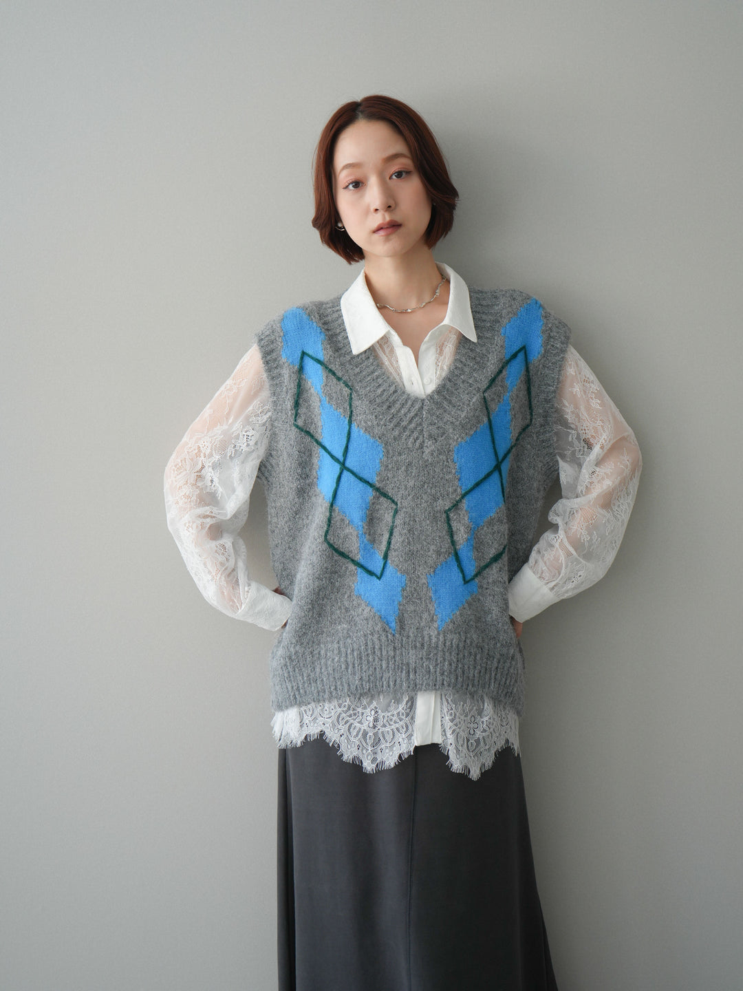 [SET]アーガイルVネックニットベスト+選べるアクセセット(2set)