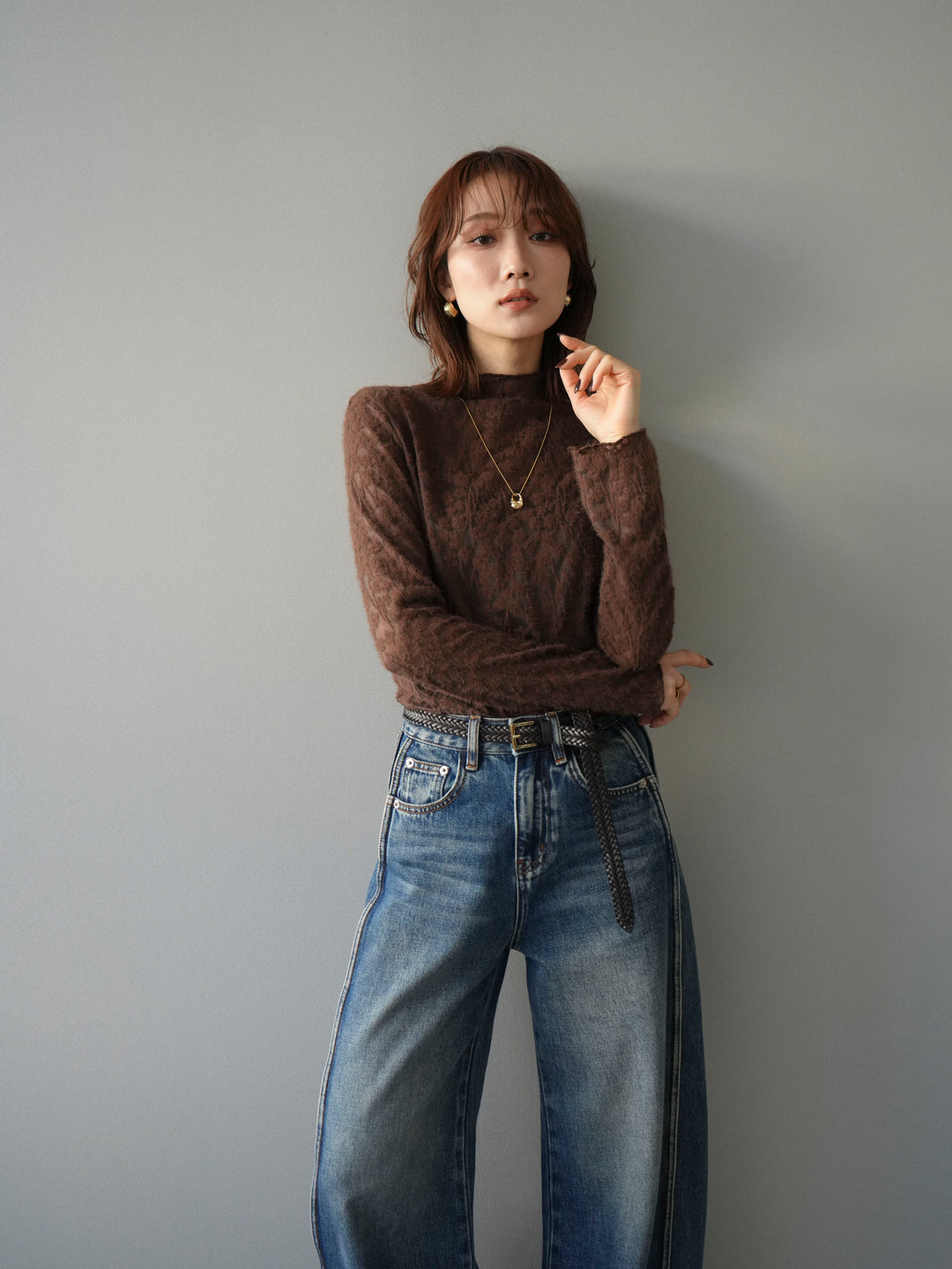 [予約]起毛レースプチネックトップス/brown