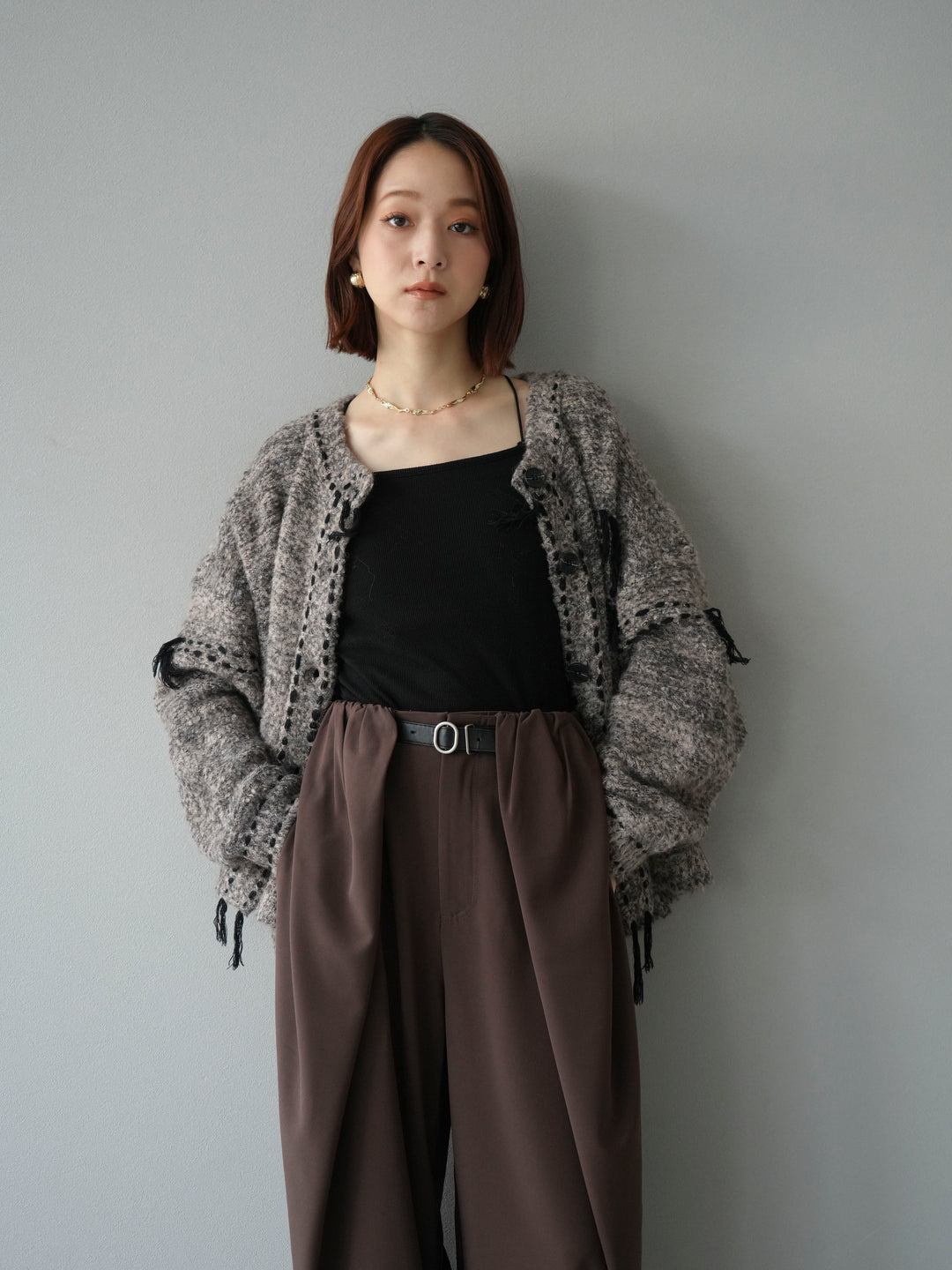 [予約]ハンドステッチデザインニットカーディガン/ブラウン