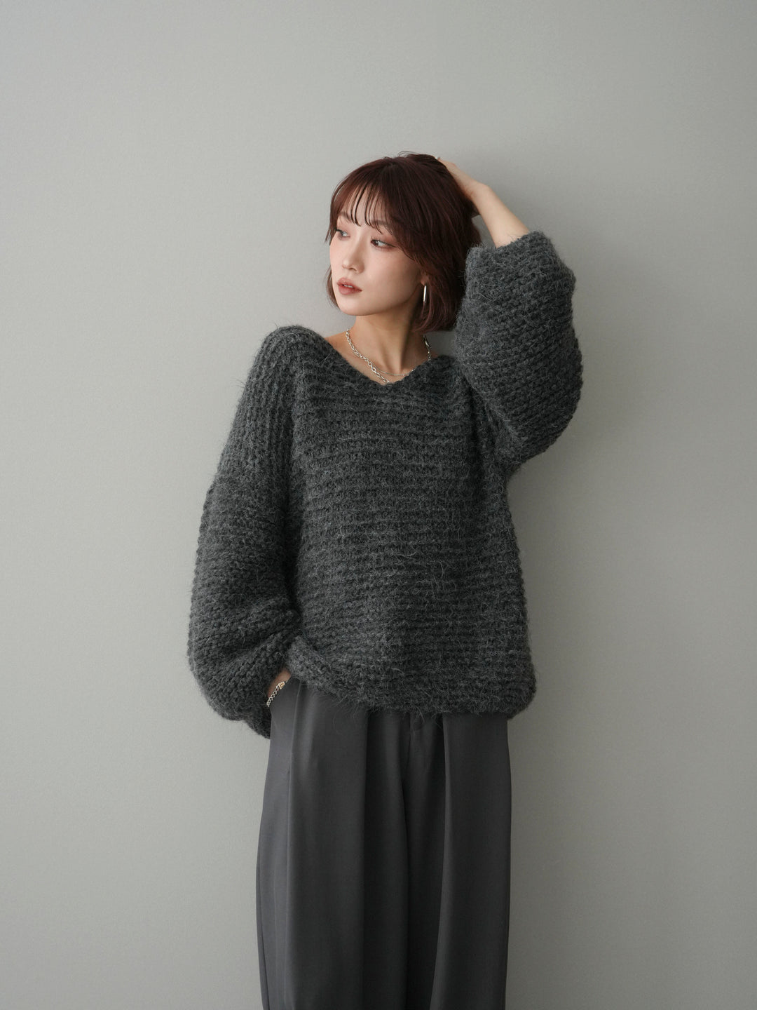 [予約]ワッフル編みシャギーニットプルオーバー/gray