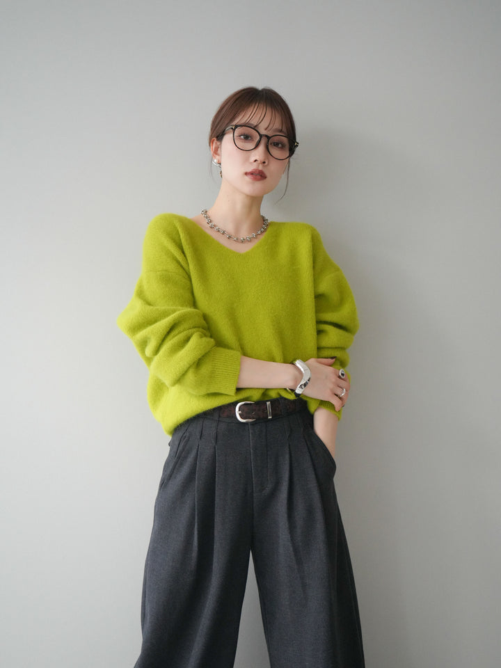[予約]シュシュ付きアンゴラタッチVネックニットプルオーバー/green