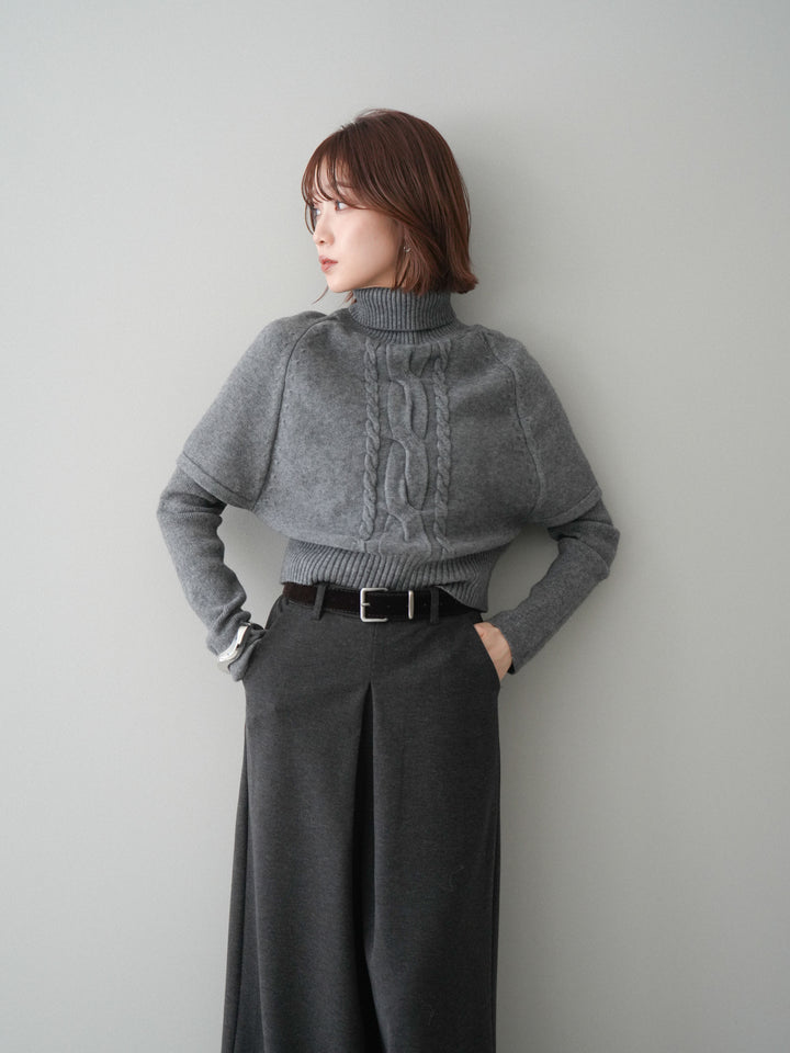 [予約]ケーブル編みタートルハーフスリーブニットアンサンブル/gray