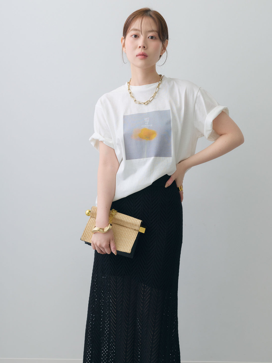 [SET]ニュアンスフローラルフォトTEE+クロシェシアーセミフレアスカート(2set)